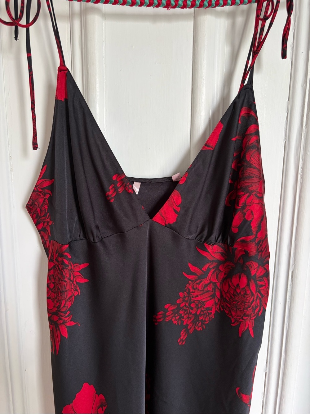Black Slip Dress with Red Floral Print and Tie Straps - Picture 2 of 7